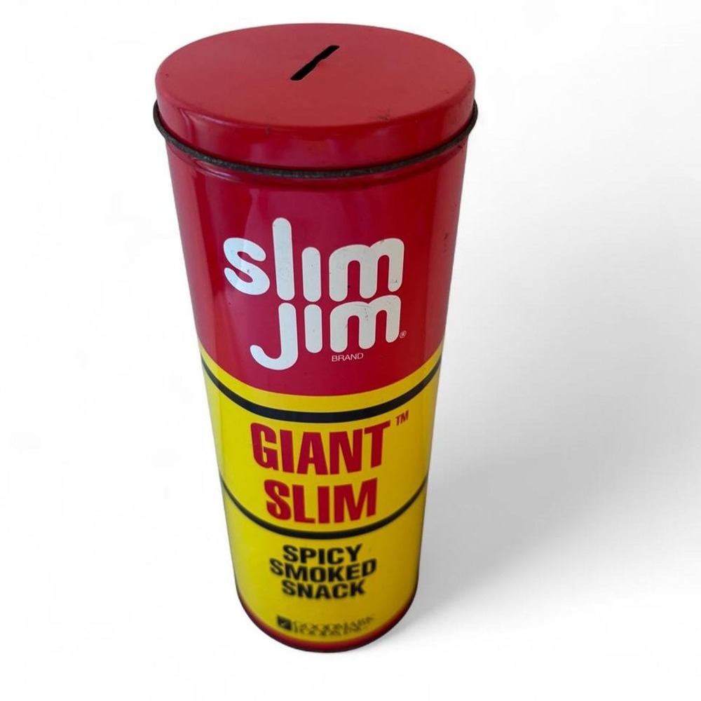 Vintage Slim Jim Giant Slim Spicy Smoked Snack Display Tin Can Bank GoodMark